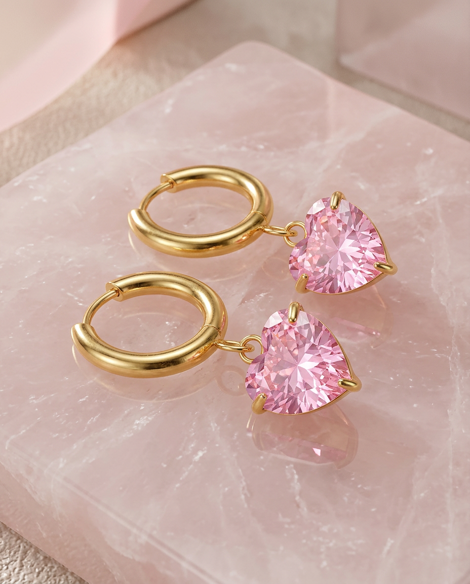Gold Hearts Hoop Earrings Pink Zirconia 18K Plated Stainless Steel