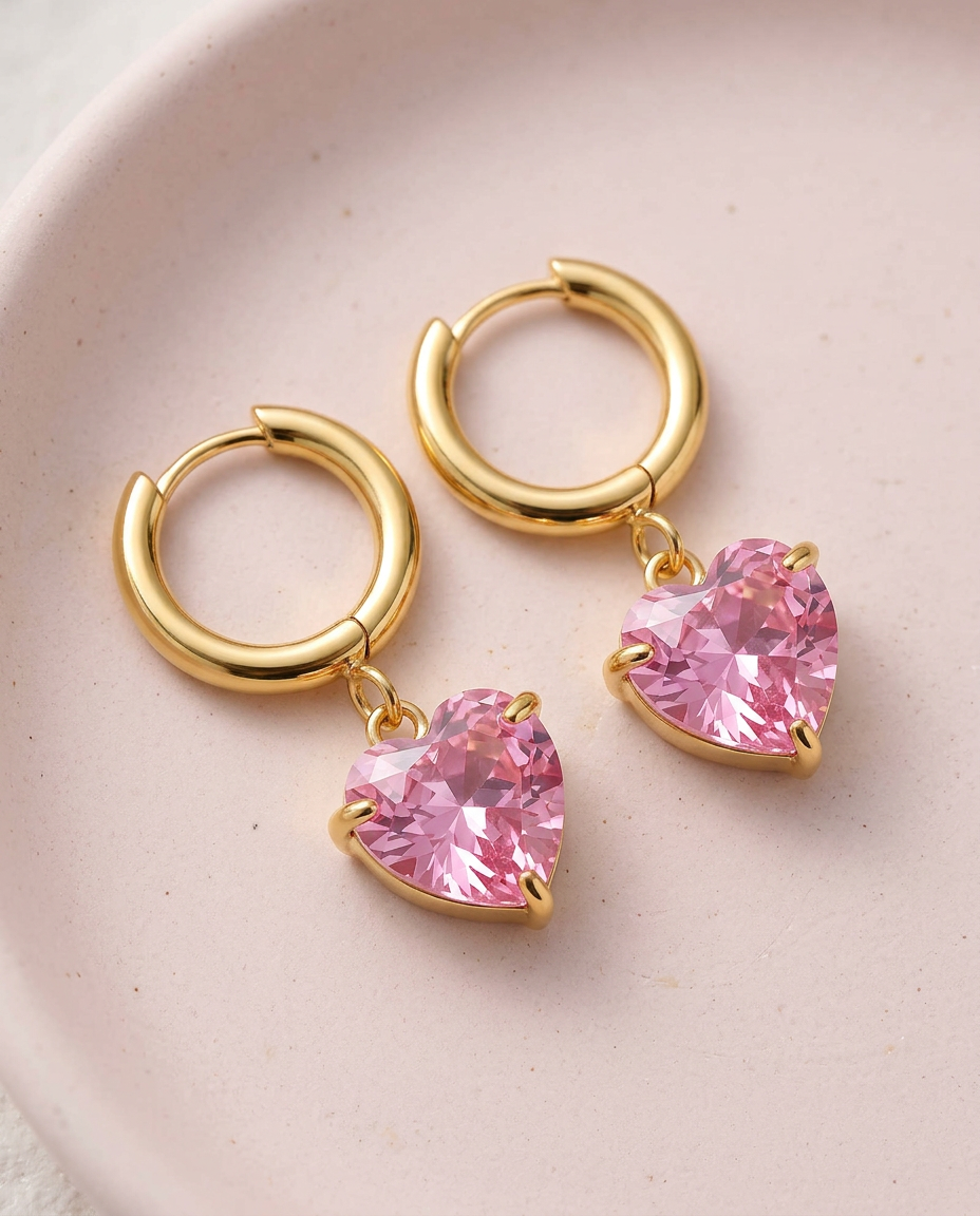 Gold Hearts Hoop Earrings Pink Zirconia 18K Plated Stainless Steel