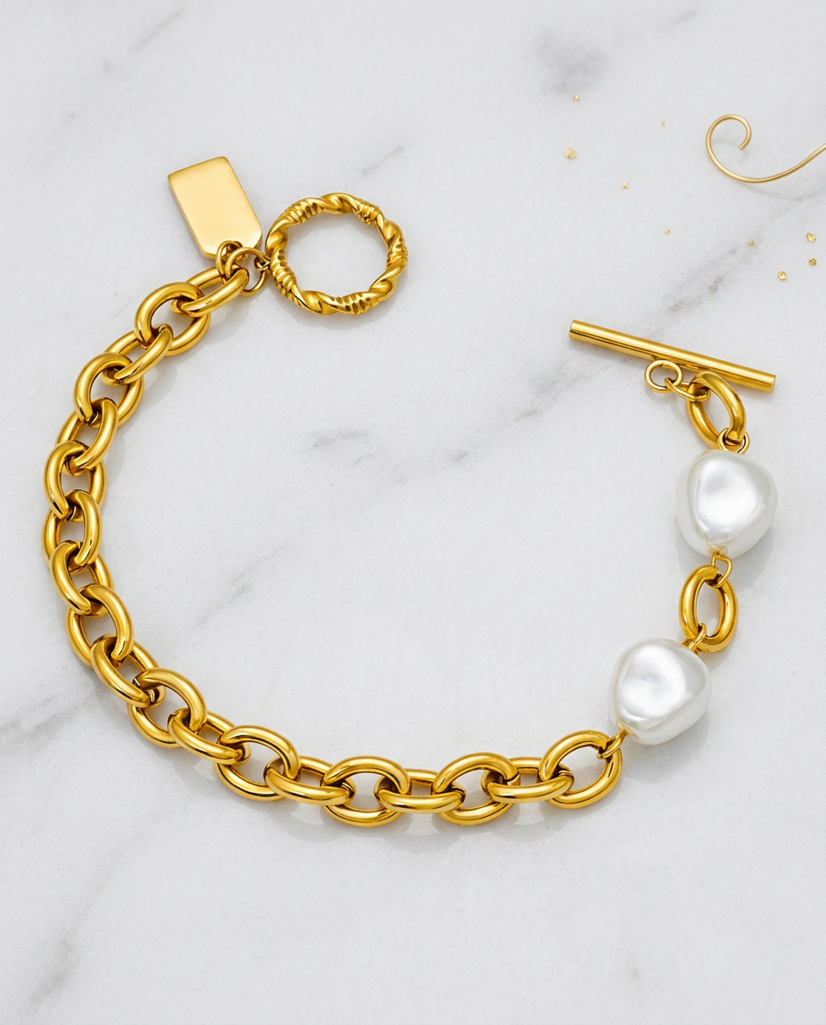 Gold Pearl Bracelet 18K Plated Stainless Steel