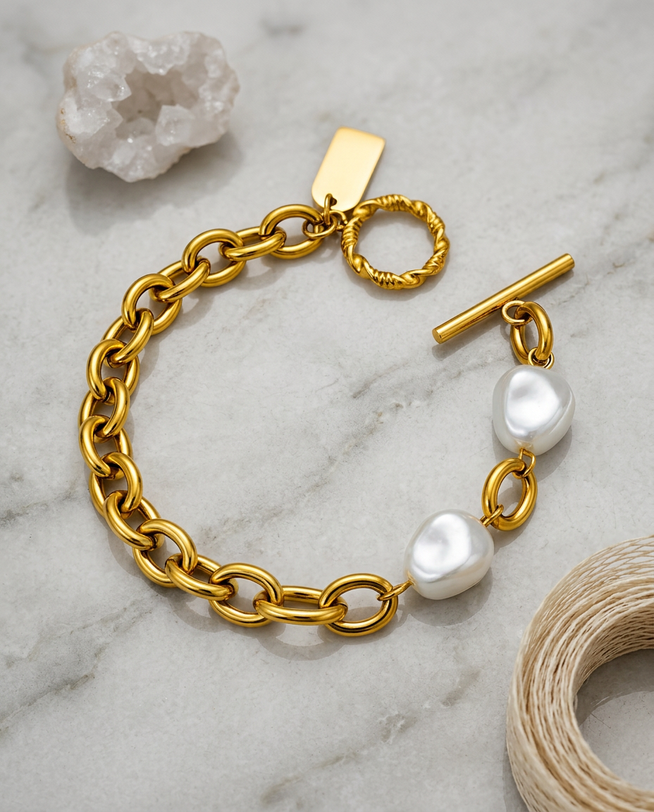 Gold Pearl Bracelet 18K Plated Stainless Steel
