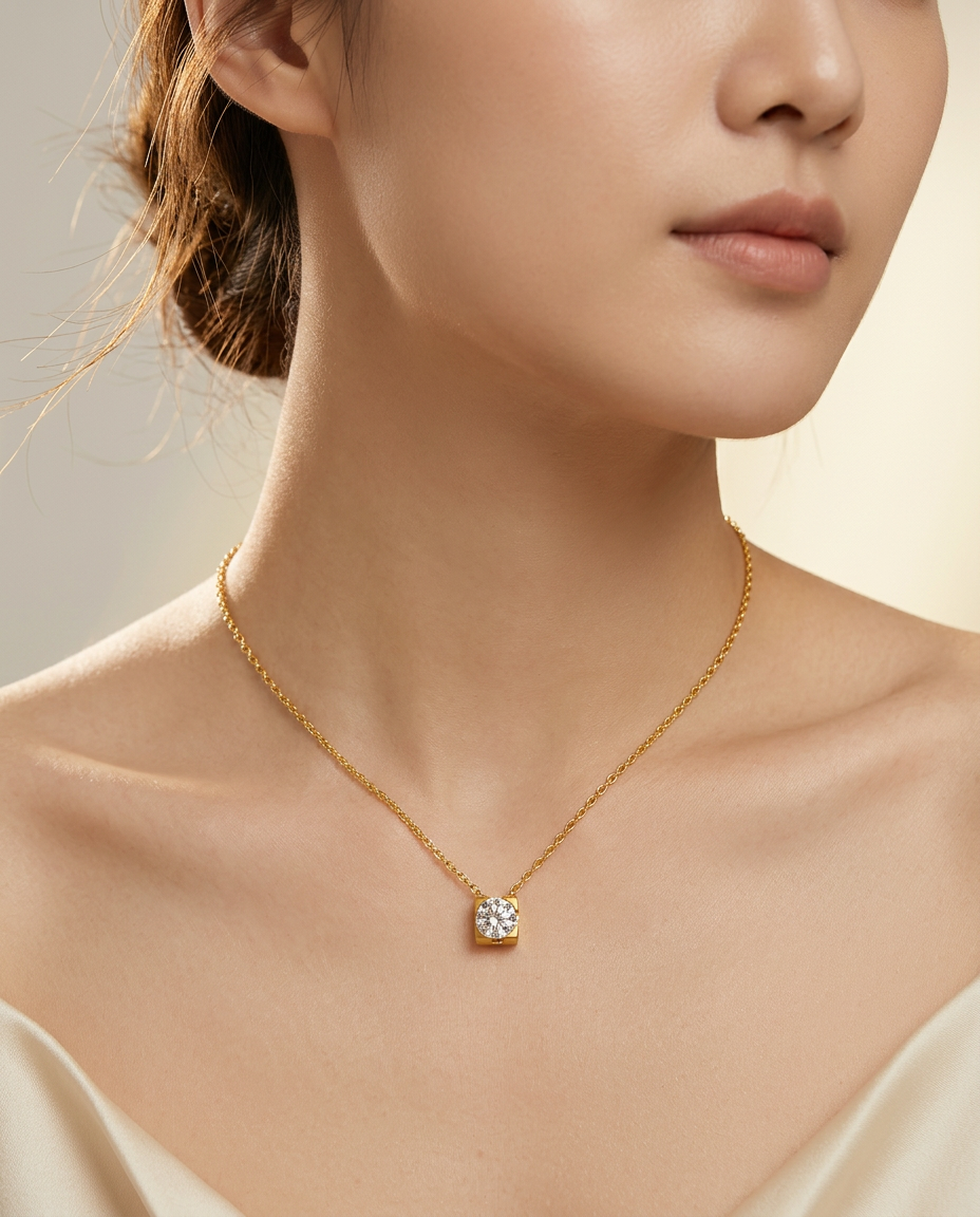 Gold Pendant Necklace Zirconia Tiny 18K Plated Stainless Steel