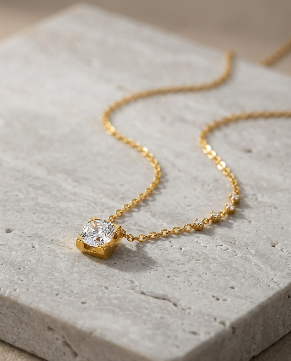 Gold Pendant Necklace Zirconia Tiny 18K Plated Stainless Steel