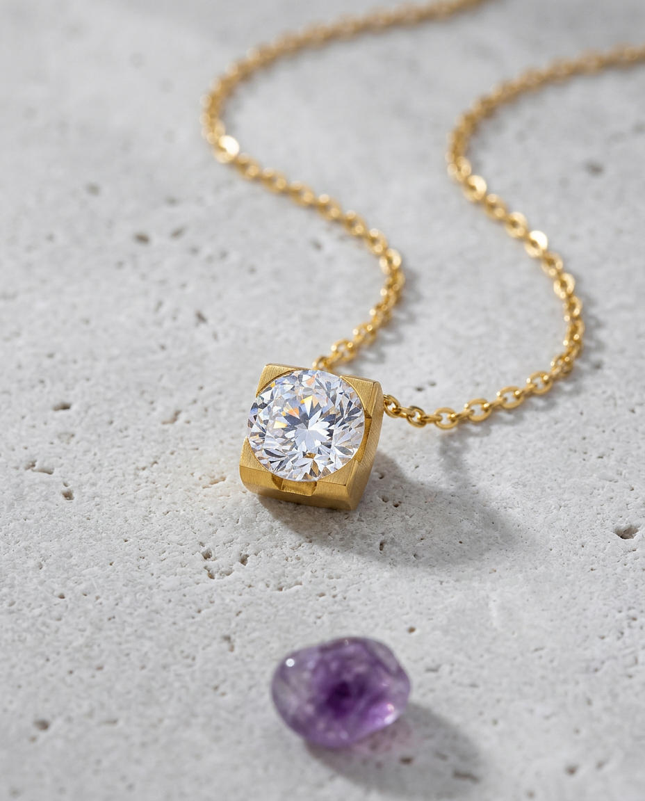 Gold Pendant Necklace Zirconia Tiny 18K Plated Stainless Steel