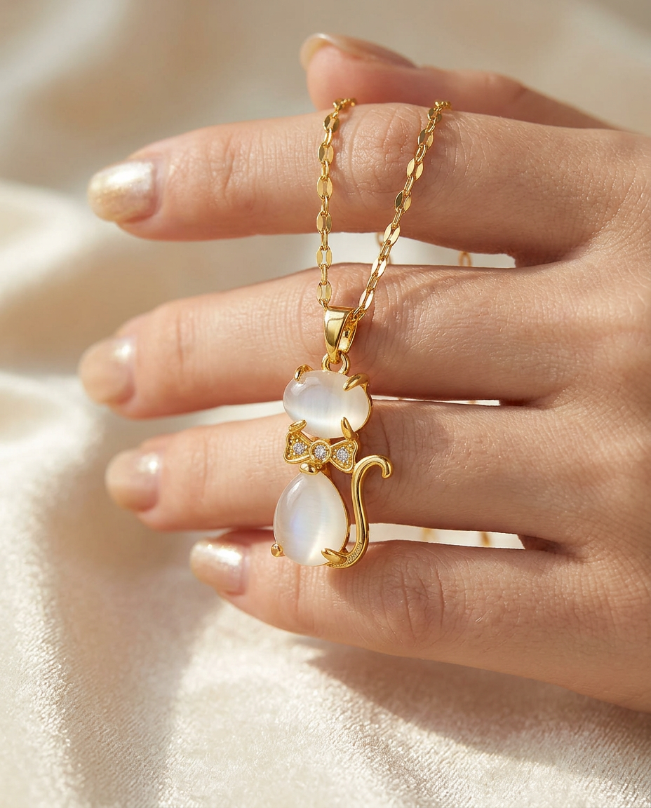 Gold Cat Necklace Zirconia 18K Plated Stainless Steel