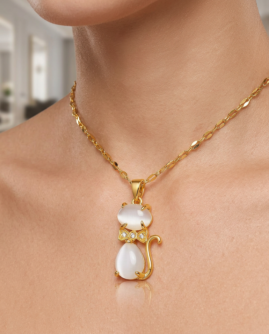 Gold Cat Necklace Zirconia 18K Plated Stainless Steel