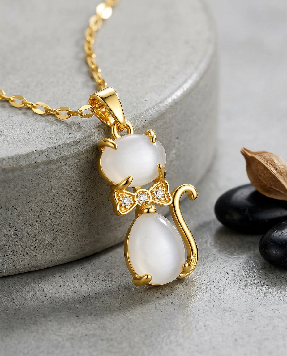Gold Cat Necklace Zirconia 18K Plated Stainless Steel