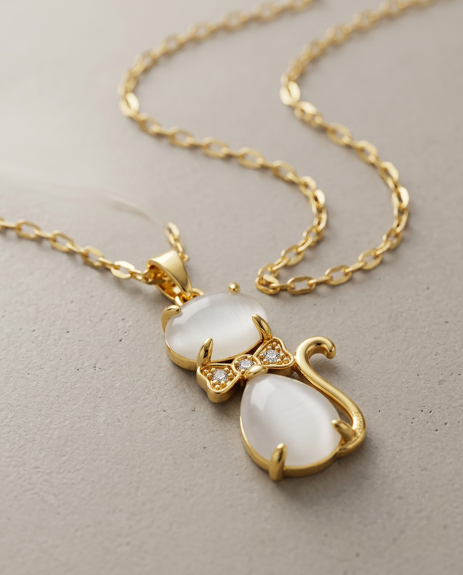 Gold Cat Necklace Zirconia 18K Plated Stainless Steel