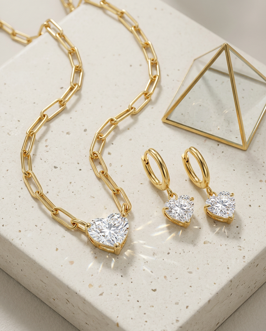 Gold Zirconia Heart Gold Plated Necklace & Hoop Earrings Set
