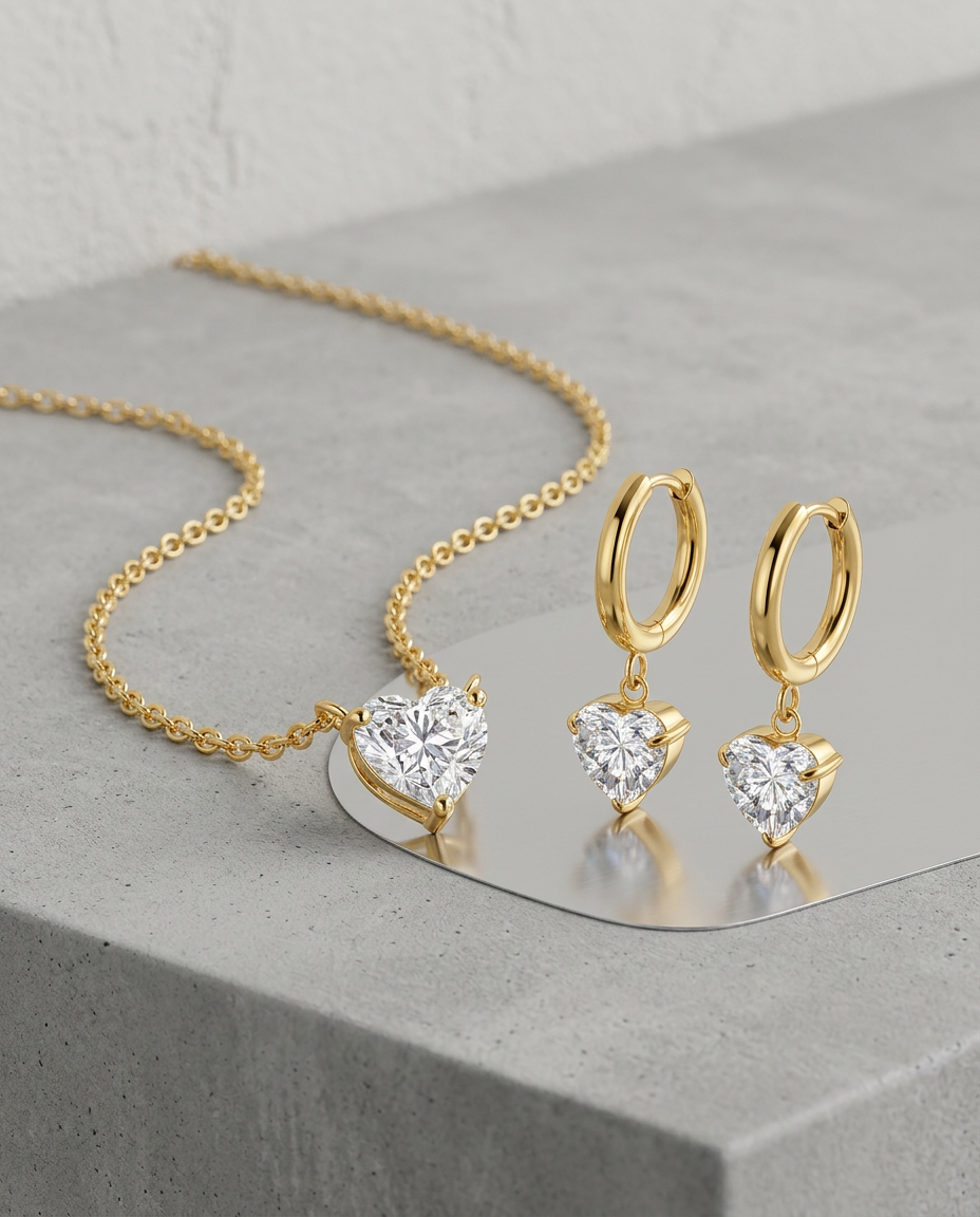 Gold Zirconia Heart Gold Plated Necklace & Hoop Earrings Set