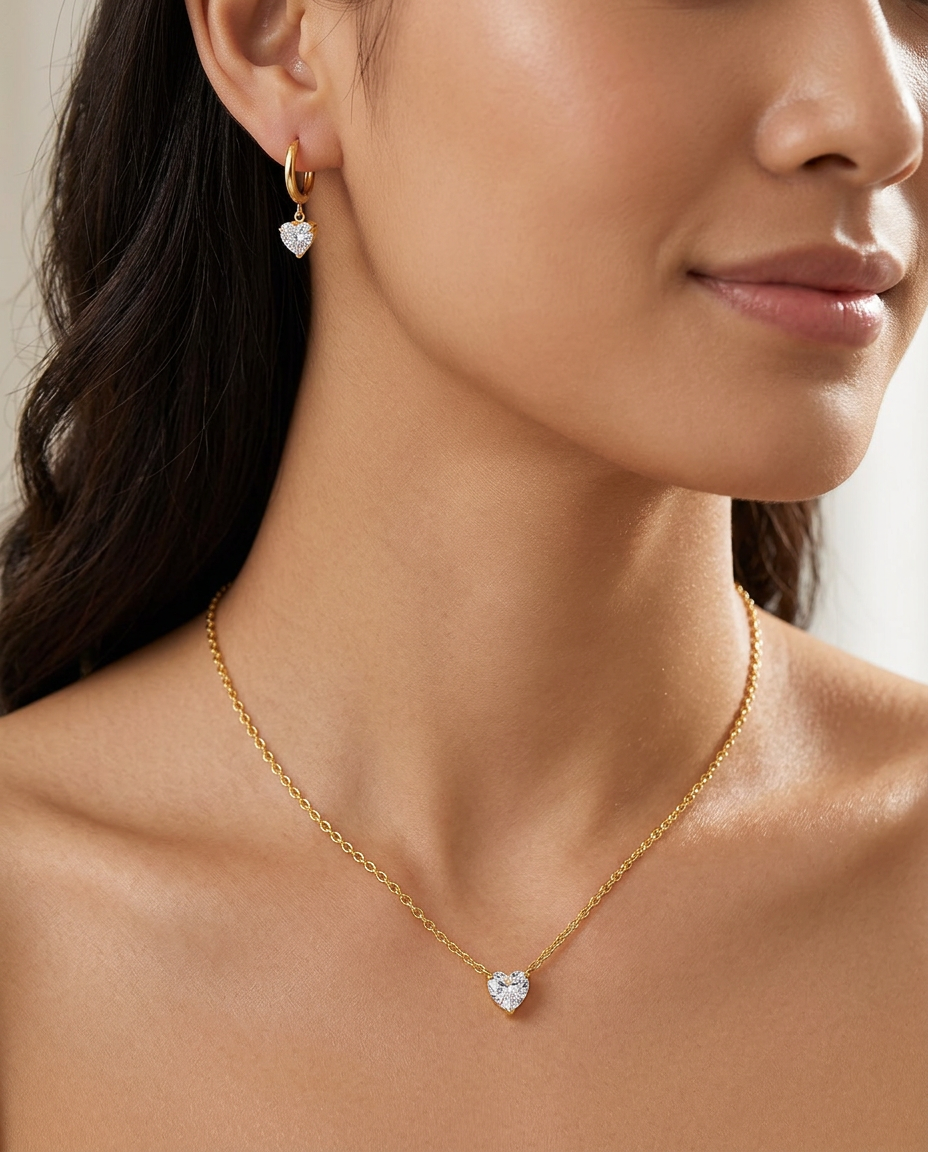 Gold Zirconia Heart Gold Plated Necklace & Hoop Earrings Set
