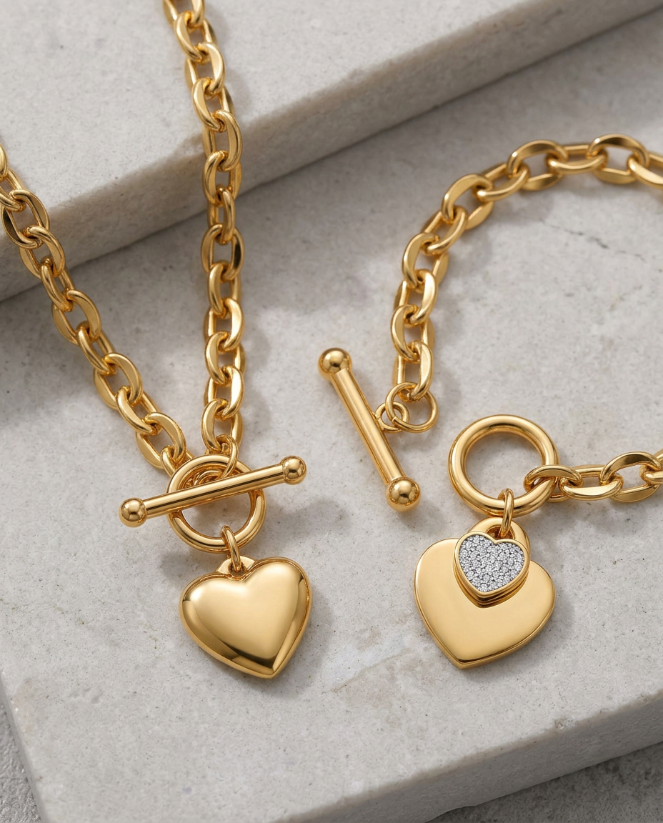 Gold Zirconia Heart 18K Gold Plated Necklace & Bracelet Set