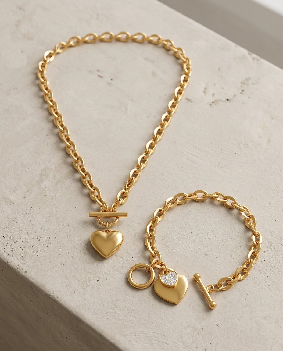 Gold Zirconia Heart 18K Gold Plated Necklace & Bracelet Set