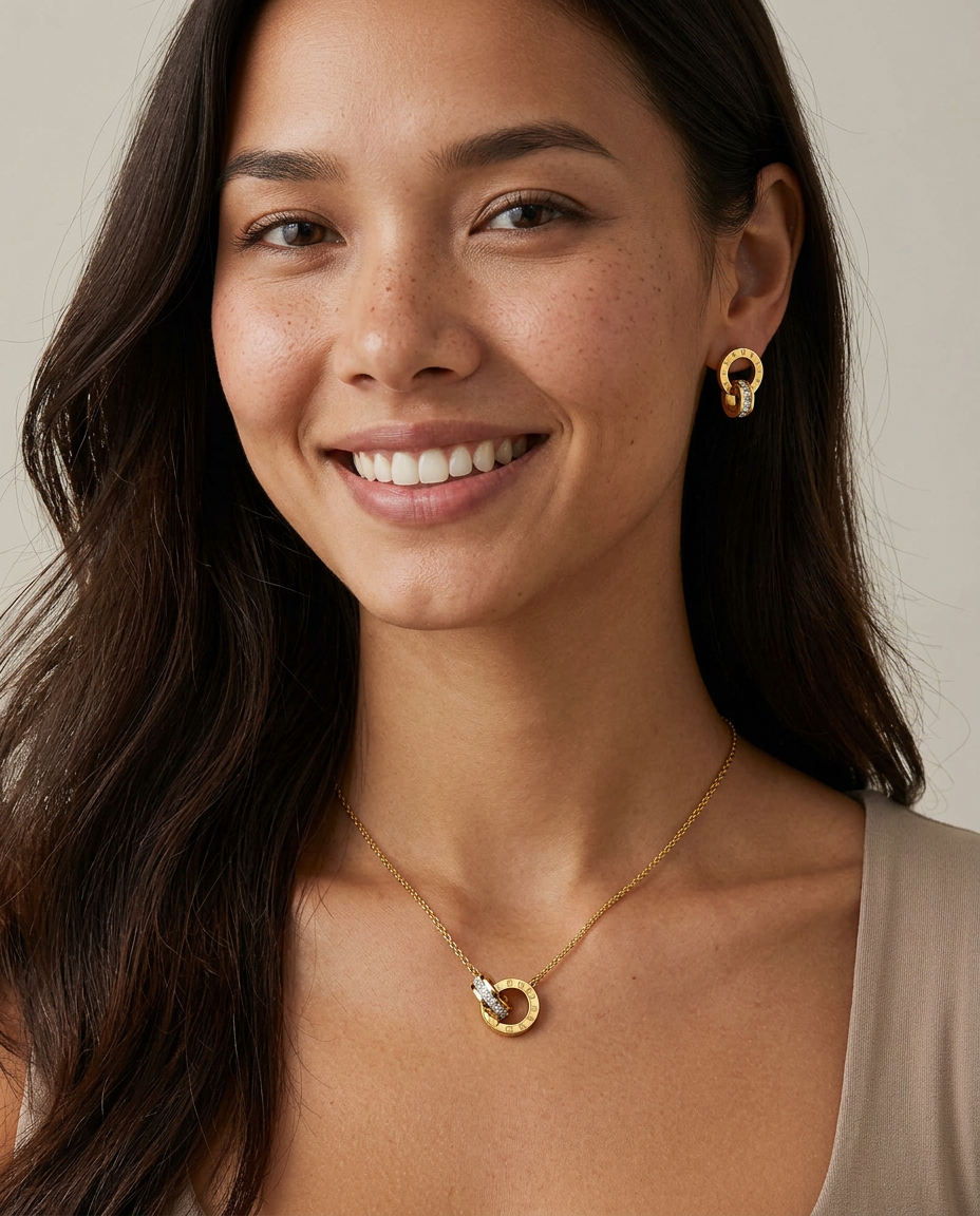 Gold Zirconia Stud Gold Plated Necklace & Earrings Set
