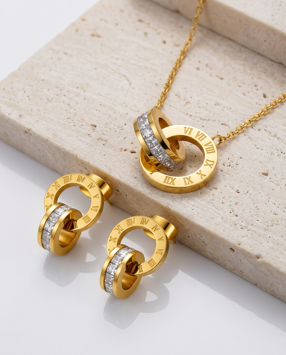 Gold Zirconia Stud Gold Plated Necklace & Earrings Set