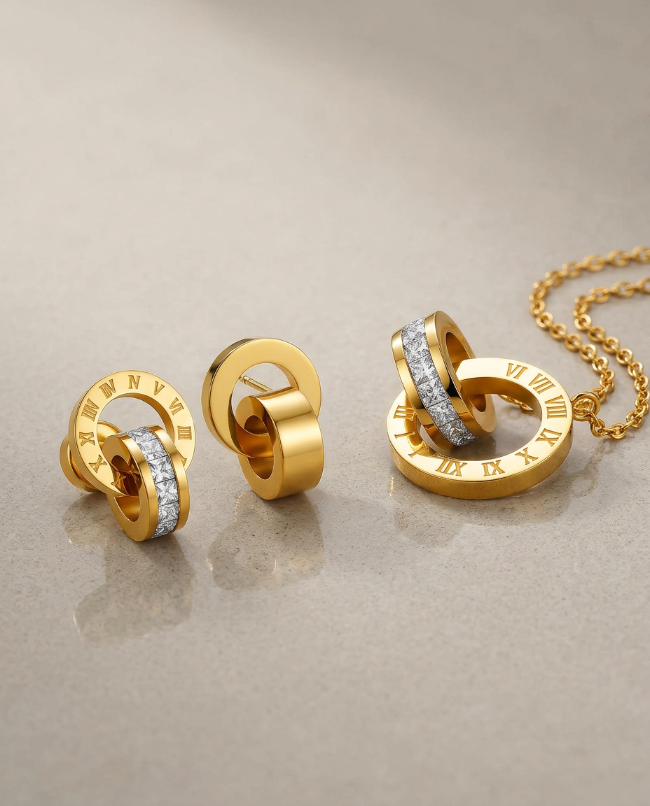 Gold Zirconia Stud Gold Plated Necklace & Earrings Set