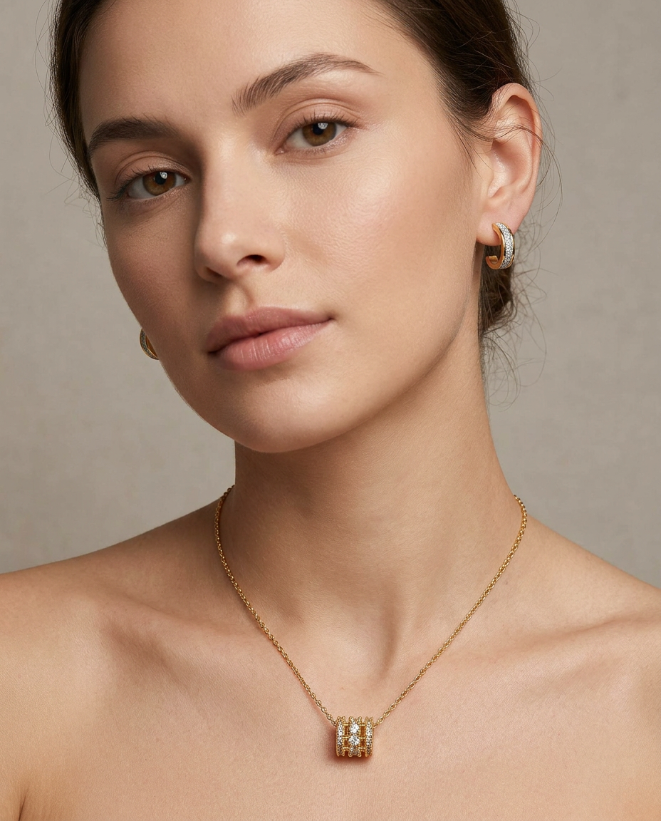 Gold Zirconia Ring Pendant & Drop Earrings Set