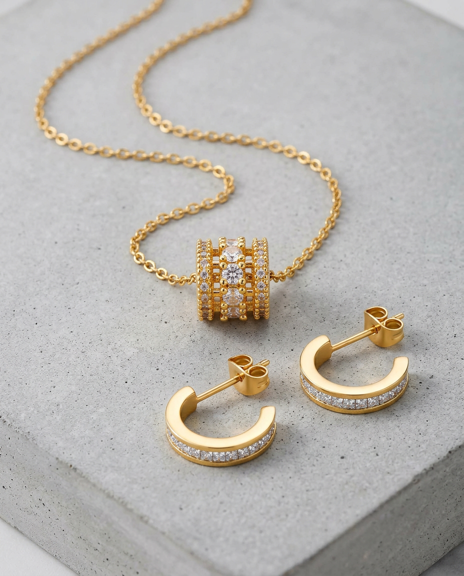 Gold Zirconia Ring Pendant & Drop Earrings Set