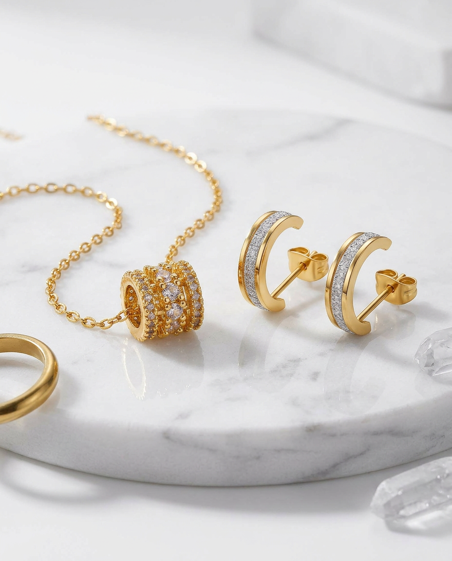 Gold Zirconia Ring Pendant & Drop Earrings Set