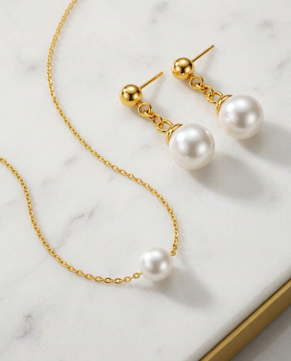 Gold Plated Pearl Zirconia Necklace & Stud Earrings Set