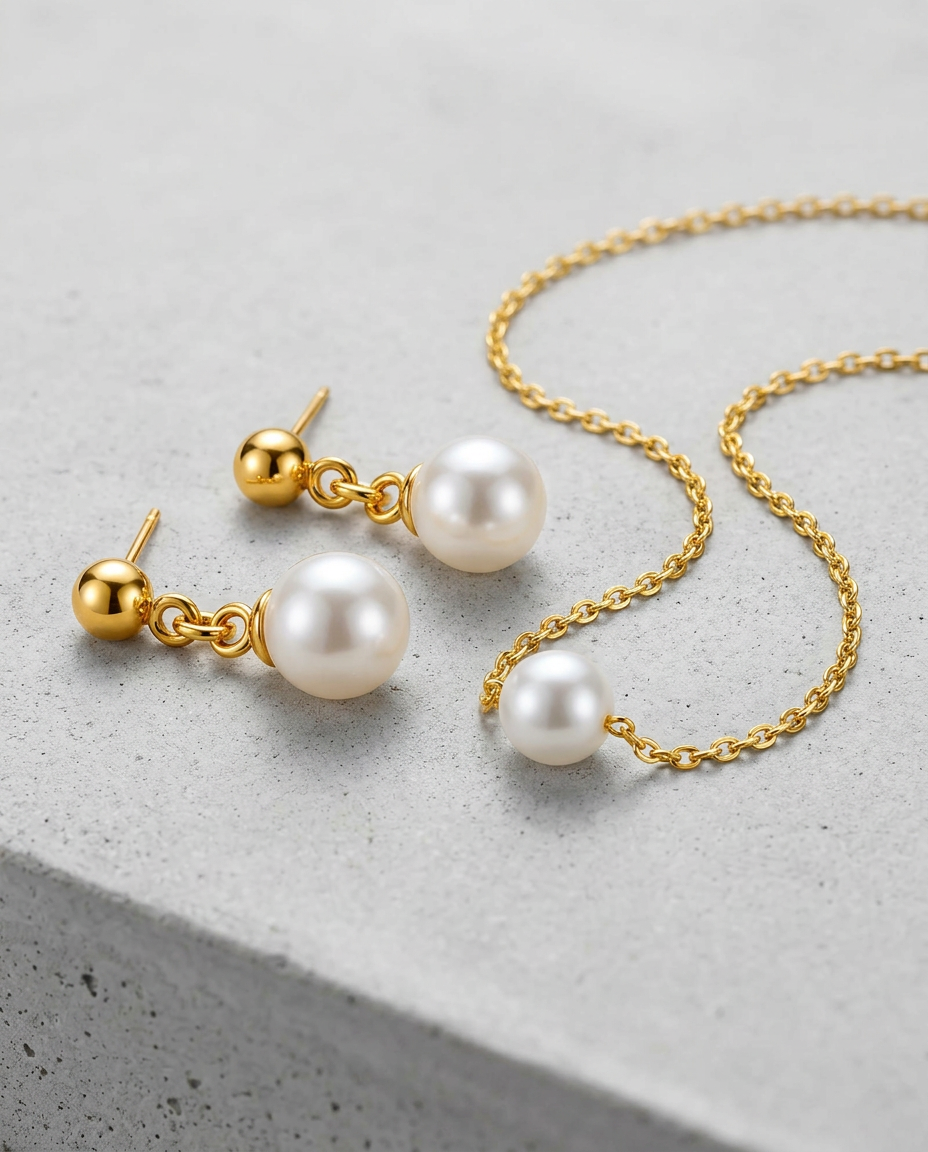 Gold Plated Pearl Zirconia Necklace & Stud Earrings Set