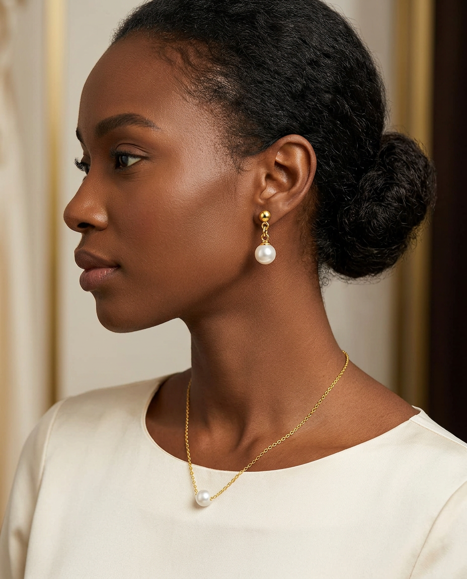 Gold Plated Pearl Zirconia Necklace & Stud Earrings Set