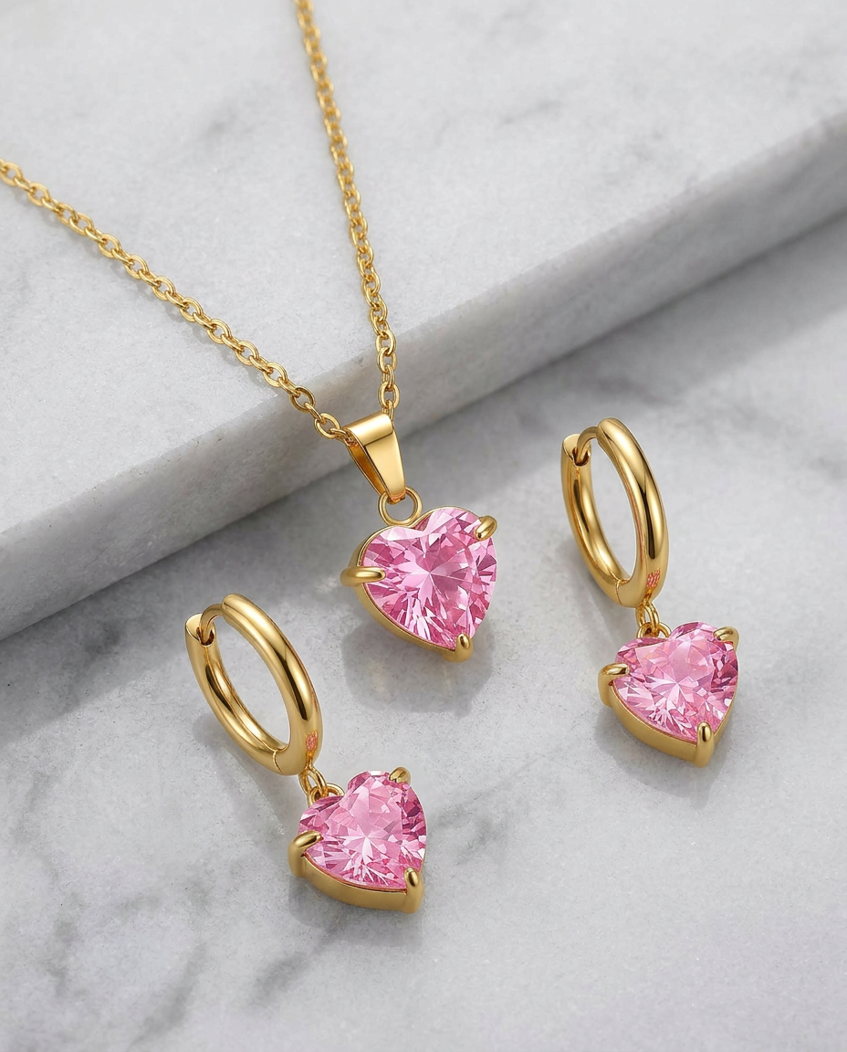 Pink Zirconia Heart Gold Plated Necklace & Earrings Set