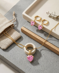 Pink Zirconia Heart Gold Plated Necklace & Earrings Set