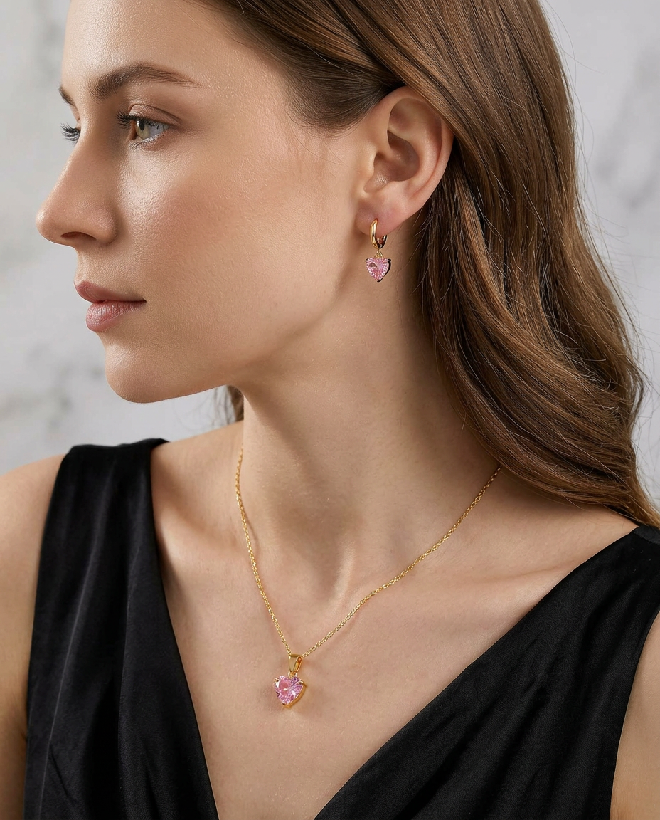 Pink Zirconia Heart Gold Plated Necklace & Earrings Set