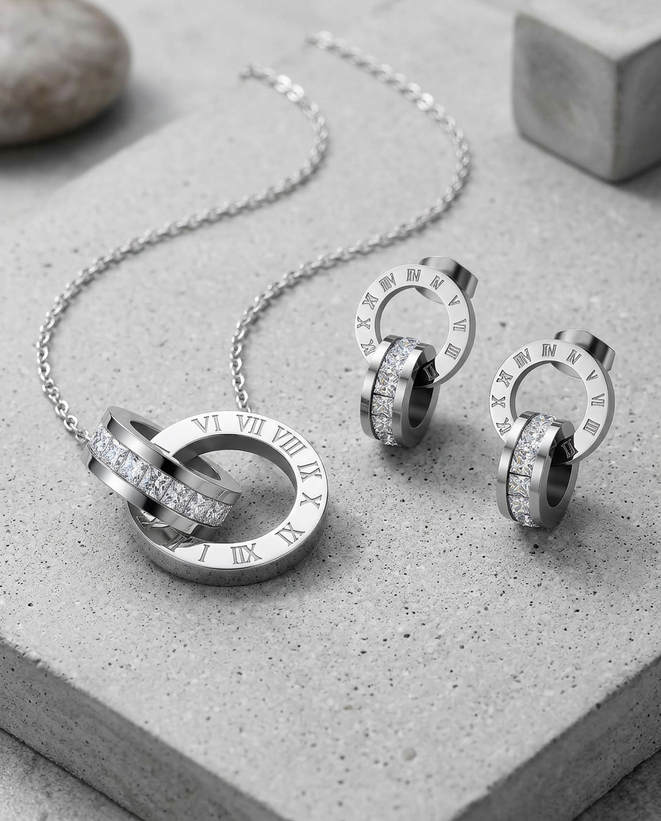 Silver Zirconia Stud Necklace & Earrings Set