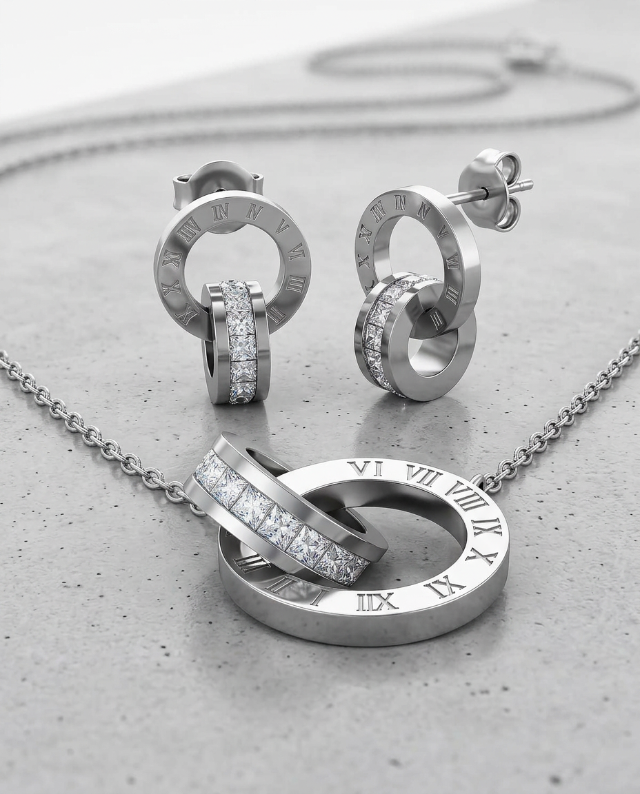 Silver Zirconia Stud Necklace & Earrings Set