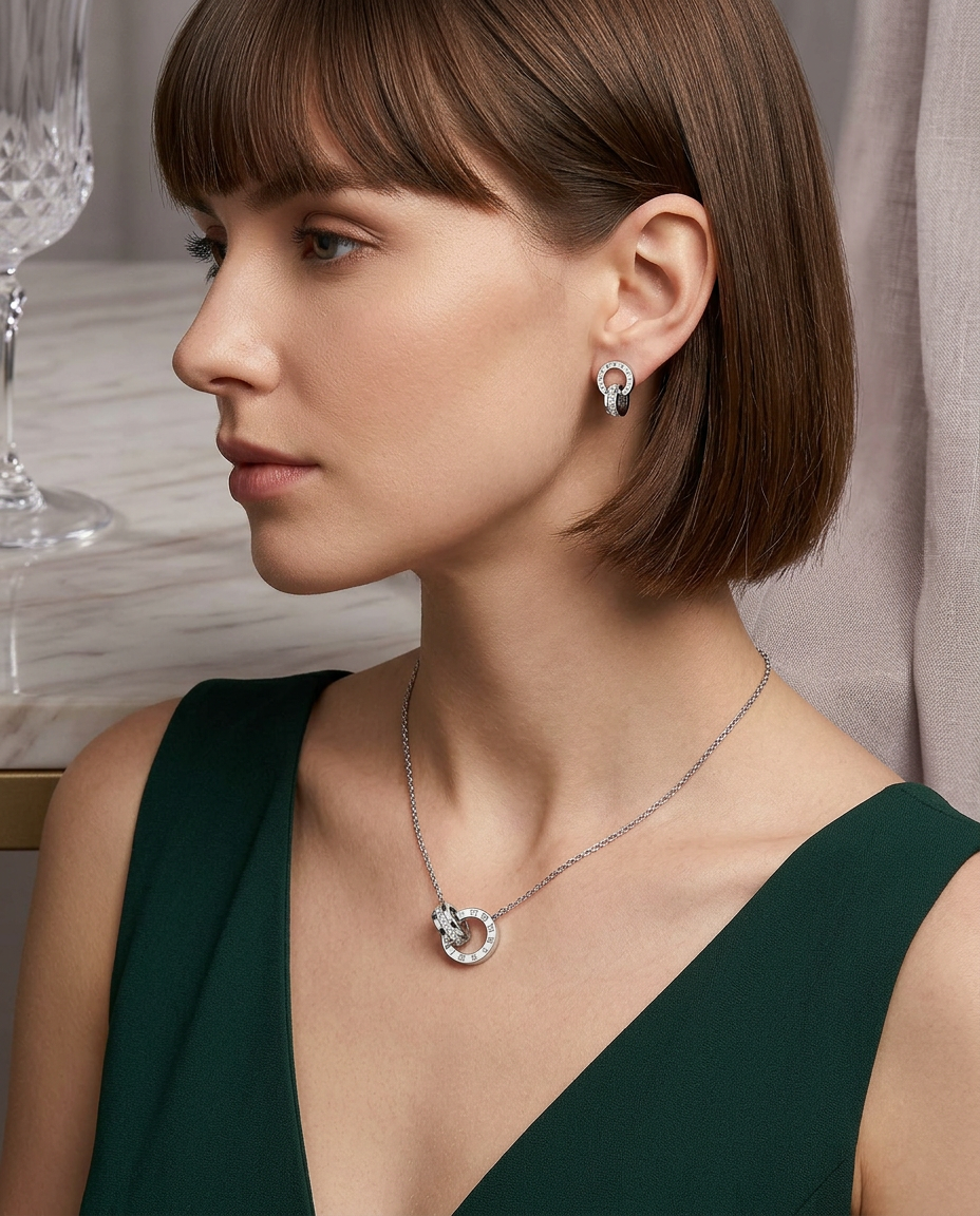 Silver Zirconia Stud Necklace & Earrings Set
